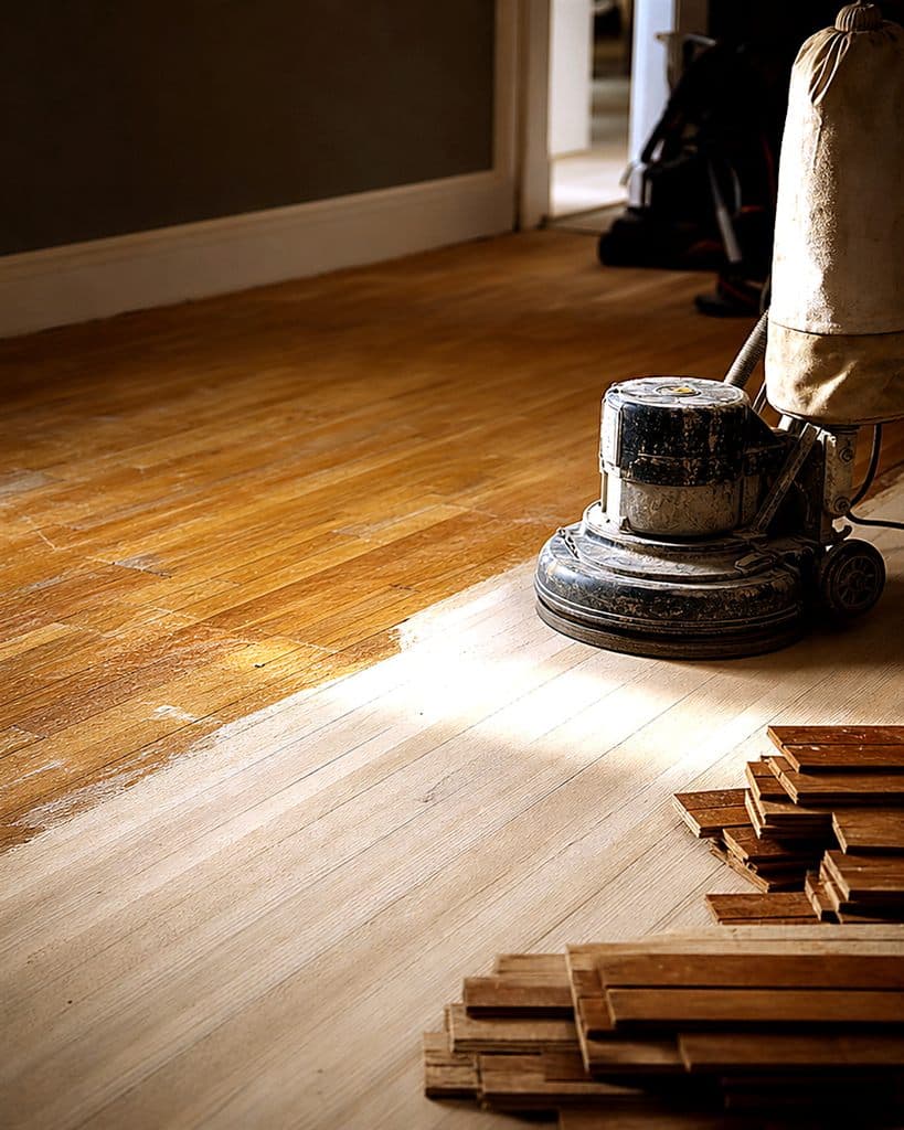 Subfloor prep and surface sanding in progress
